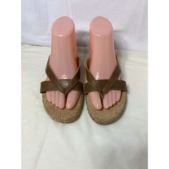 BOC Born Concept Brown Leather Slide On Thong Sandals Cork Heel Size Sz 8 C27041 - Picture 4 of 9